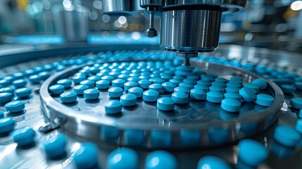 Close-up of Blue Pills on a Conveyor Belt in a Pharmaceutical Factory