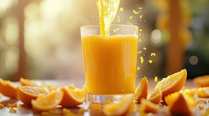 A refreshing glass of orange juice surrounded by fresh orange slices.