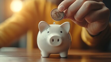 Fototapete - Closeup of a mans hand putting a coin into a piggy bank symbolizing the concept of saving and depositing money