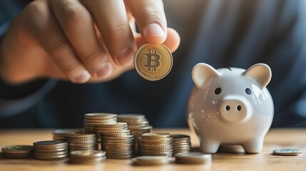 Aufkleber - Closeup of a mans hand putting a coin into a piggy bank symbolizing the concept of saving and depositing money