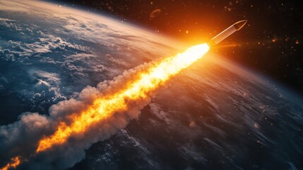 Wall Mural - a rocket launching into space, leaving a trail of flames against the earth backdrop.