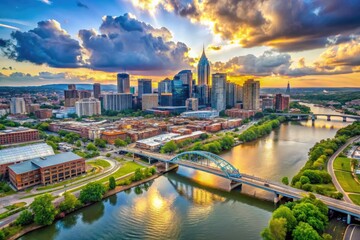 aerial view of the cumberland river meandering through the bustling cityscape of nashville, adorned 