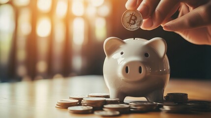 Aufkleber - Concept of a hand putting a coin into a piggy bank representing saving money for future plans and retirement funds in a retro vintage color tone