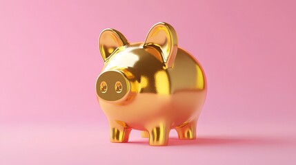 Aufkleber - Glossy golden piggy bank rendered in 3D against a pink background representing digital art
