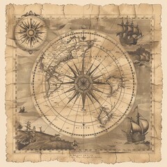  Vintage World Map with Compass and Ships on Parchment Paper