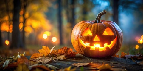 Carved Halloween pumpkin glowing in spooky outdoor setting, Halloween, pumpkin, Jack O Lantern, spooky, outdoor, decoration, night