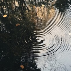 Poster - A serene pond surface with ripples and autumn leaves reflecting the surrounding trees.