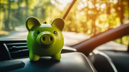 Green piggy bank inside a car symbolizing vehicle purchase insurance or motoring costs