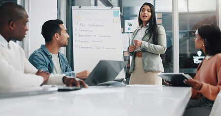 Poster - Workshop, chart and team meeting in office, woman manager and talking to staff on performance. Business people, plan strategy and productivity improvement in boardroom, training and pitch ideas