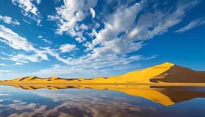 Wall Mural - The vast desert landscape, blue sky and white clouds set off against the golden sand dunes, showing the tranquility and grandeur of the wilderness.