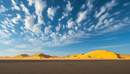 Wall Mural - The vast desert landscape, blue sky and white clouds set off against the golden sand dunes, showing the tranquility and grandeur of the wilderness.