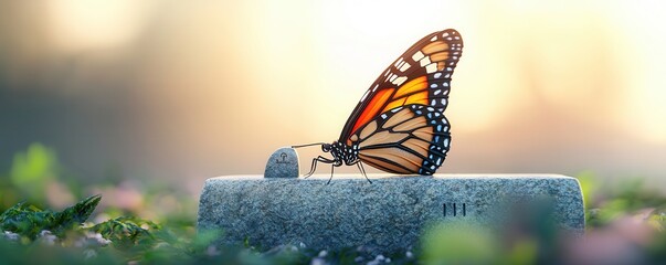 Sticker - Monarch Butterfly Perched on a Stone.