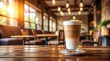 Glass of latte macchiato on a wooden table in a cafe, latte, macchiato, coffee, drink, glass, wooden, table, cafe, cozy, ambiance