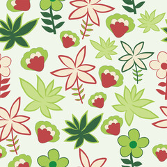 Wall Mural - flowers with leaves seamless pattern. Colorful green and red flowers floral seamless pattern. Hand drawn seamless surface pattern.