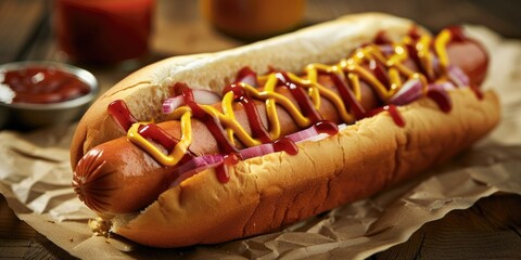 Poster - Close-up of a flavorful footlong hot dog topped with mustard, ketchup, and onions.