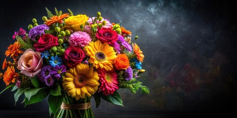 Colorful bouquet of flowers on dark background , vibrant, imaginative, floral, vibrant, colorful, fantasy, magical, romantic