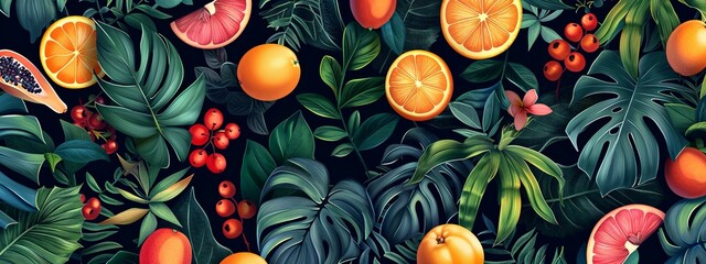 Wall Mural - Tropical Fruit and Lush Green Foliage Seamless Pattern