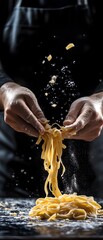 Chef s Hands Crafting Fresh Homemade Pasta on Dark Background