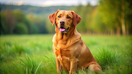 Wall Mural - An Adult Fox Red English Labrador Retriever Sits Alert In A Field Of Green Grass With Its Tongue Slightly Out; Its Red Coat Is Shiny And Well-Groomed.