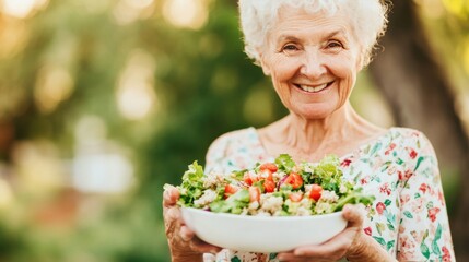 A joyful senior woman holds a vibrant salad made of fresh ingredients, enjoying her healthy meal in a sunny outdoor setting