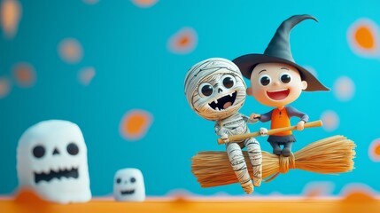 A cute witch and mummy fly on a broomstick past two friendly ghosts. Halloween fun!