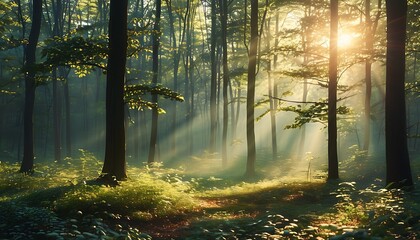 Wall Mural - In a peaceful forest, sunlight shines on the ground through the trees, creating a dreamy atmosphere that is reminiscent of the beauty and tranquility of nature.