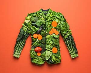 A suit made entirely of fresh vegetables and leafy greens, a creative concept for healthy eating.