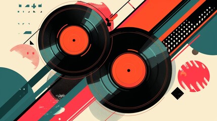 Aufkleber - Colorful vinyl records set against a backdrop of dynamic geometric shapes and patterns. This vibrant and modern artwork captures the essence of music and retro culture, perfect for themes related to