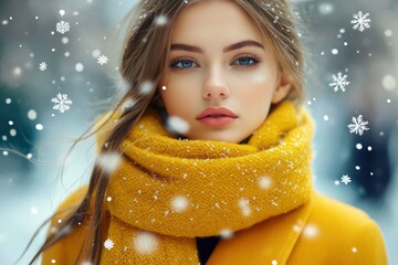 Fashionable beautiful young woman in yellow coat and scarf with snowflakes. Fashion woman cloth flyer design. Beauty, fashion. Advertisement concept with generative ai