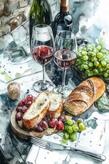 Canvas Print - Bread Grapes Wine Table Setting