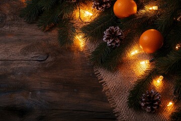 Festive decoration with bouquet and branches of spruce, bright glowing garland, orange, burlap on wooden background. Decor for Christmas, New Year. with generative ai