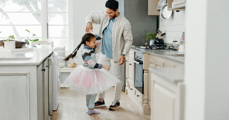 Poster - Father, child and dance for ballet in kitchen with tutu, family bonding and creative artist of movement performance. Happy, man and girl for princess game with love, spin support and talent at house