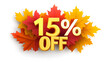 © alfi - Bold 15 percent off text with autumn maple leaves paper-cut style on white background