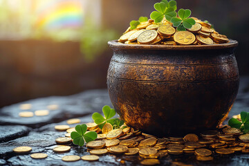 Banner with Pot of gold coins, clover leaves and rainbow St. Patrick's day concept