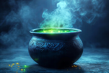 Mysterious cauldron bubbling with green liquid and smoke in a dark at Halloween night