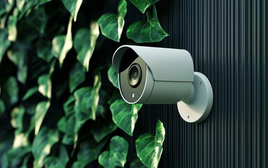 Outdoor security camera in a green garden setting, sleek design, 3D illustration