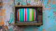 © Zhanna - A vintage television displays a vibrant color test pattern, set against a peeling, weathered wall. This striking contrast of old and new elements creates a nostalgic yet vibrant visual, perfect for