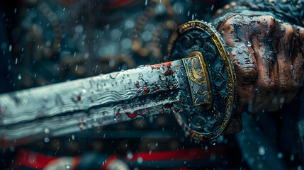 Closeup of a Wet, Bloody Sword with Rain Drops Illustration