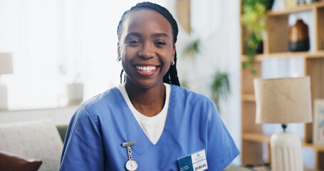 Poster - Portrait, black woman and smile as caregiver at house for healthcare service, career pride and about us. Happy, volunteer and professional medic with experience, medical support and retirement health