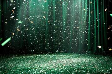 glittering confetti on floor studio stage festive green background. sparkling stage light colorful a