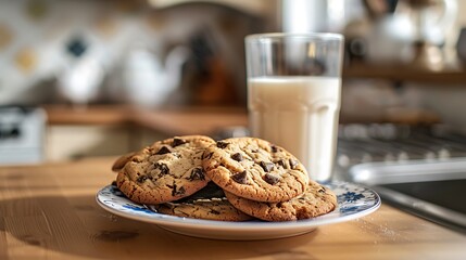 Chocolate chip cookies and a glass of milk on a wooden table