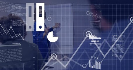Poster - Presenting business data on flipchart, woman in mask with charts animation over