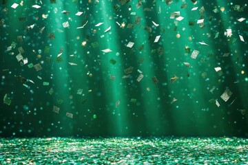 Glittering confetti on floor studio stage festive green background. Sparkling stage light Colorful abstract confetti backdrop banner with ribbon for decoration celebration Christmas with generative ai