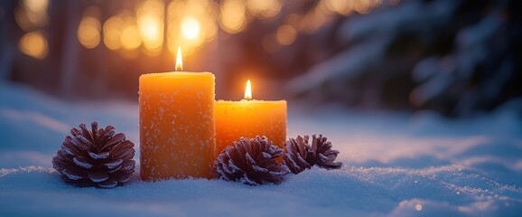 Wall Mural - Two lit candles surrounded by pine cones in a snowy landscape at sunset.