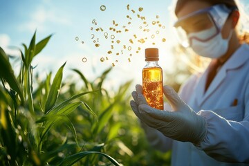 Canvas Print - A scientist holding a vial of biofuel against the backdrop of a lush, green field, symbolizing the potential of renewable energy in agriculture and sustainability