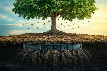 Wall Mural - An artistic representation of a tree with its roots extending into a fuel tank, symbolizing the natural origin of biofuels