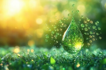 Wall Mural - A bold graphic depicting a green droplet splitting into multiple smaller droplets, symbolizing the diverse sources of biofuels and the potential for sustainable energy solutions