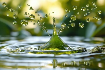 Poster - A bold graphic depicting a green droplet splitting into multiple smaller droplets, symbolizing the diverse sources of biofuels and the potential for sustainable energy solutions