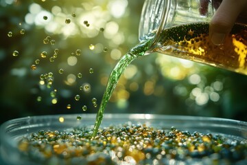 Poster - A close-up of a hand pouring biofuel into a clear container, with the fuel taking on a vibrant green hue