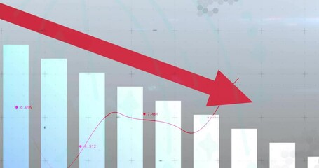 Wall Mural - Red downward arrow and bar chart depicting financial decline animation